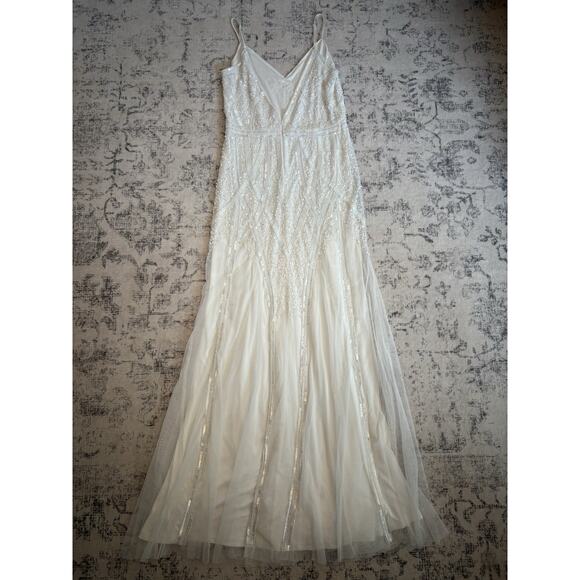 Lulus Just the Beginning White Beaded Sequin Mermaid Maxi Dress Medium V Neck - Picture 6 of 11
